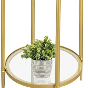2 Tier Round Side Table, Gold End Table with Glass Top, Modern Metal Clear Coffee Tables, Small Accent Tables for Living Room, Bedroom, 18" x 18" x 24"