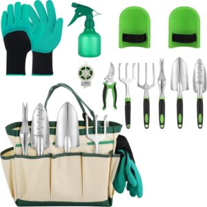 11 Piece Heavy Duty Garden Tools Set, Stainless Steel Gardening Kit with Tote Bag, Kneeling Pad, Gloves, and Ergonomic Handles for Planting, Weeding, Pruning, and Outdoor/Indoor Use