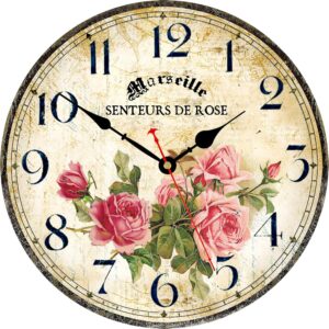 14″ Silent Quartz Wooden Wall Clock – Pink Roses Floral Design