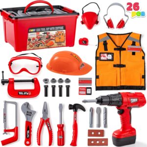 JOYIN 26Pcs Kid Tool Set, Pretend Play Toddler Tool Toy with Construction Worker Costume & Electronic Toy Drill in Storage Box for Boy Girl Halloween Present Birthday Dress Up Party