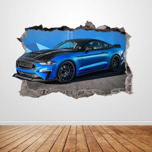Racing Car Wall Decal Smashed 3D Graphic Mustang Wall Sticker Art Mural Poster Room Decor Custom Gift UP264 (50"W x 34"H inches)