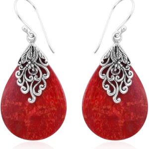Red Coral Dangle Earrings for Women in 925 Sterling Silver - Dangling Drop Coral Earrings Handmade Birthstone Vintage Boho Jewelry Birthday Gifts
