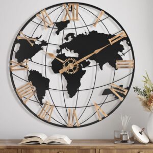 24" World-Map Silent Metal Wall Clock – Gold Roman Numerals