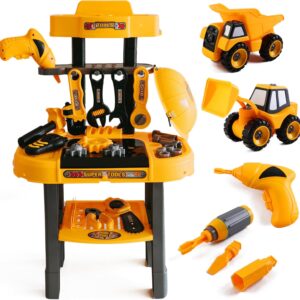 Toddler Workbench & Tool Set with Battery-Operated Drill - Includes 2 Big Take-Apart Trucks & Realistic Tools, Construction Tool-Bench Toy for Kids 3-5, Toolbox Gift for Boys 3 4 5 Years Old