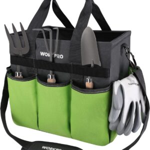 WORKPRO Garden Tool Bag Organizer, Heavy Duty Gardening Tote Bag with 10 Pockets and Long Adjustable Shoulder Strap, Standable Garden Home Tool Kits Organizer, Green